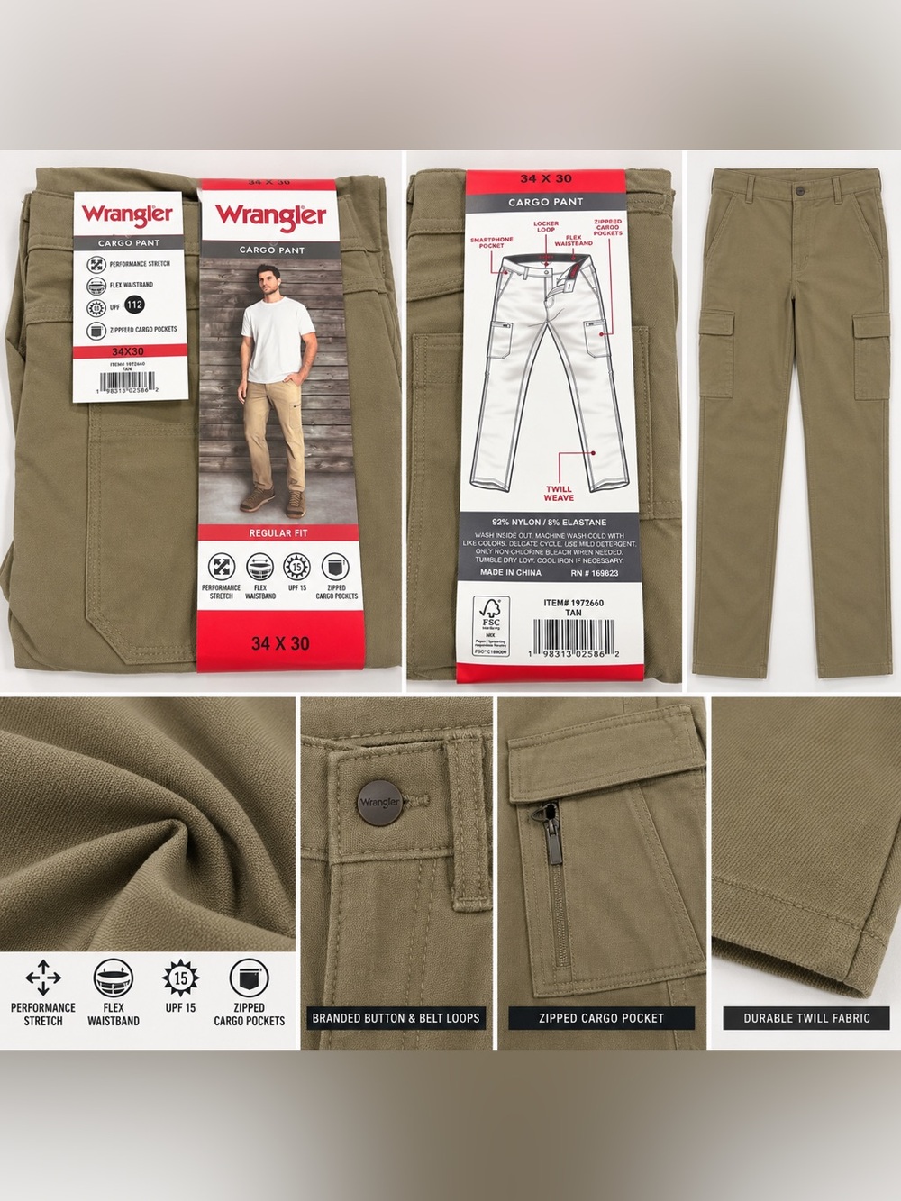Wrangler Mens Regular Fit Cargo Pants Tan Performance Stretch 34x30